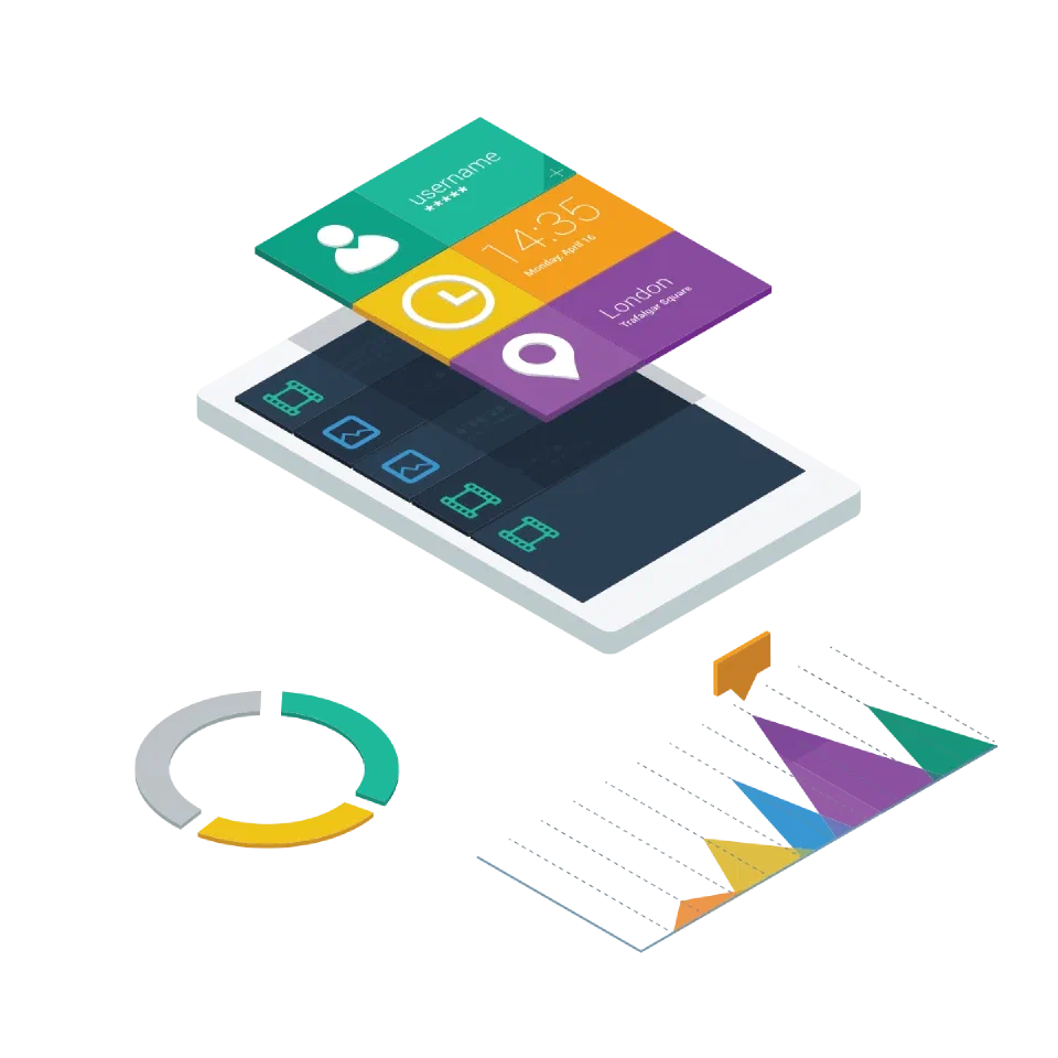 A web app shown on a phone, with charts and cards floating beside it